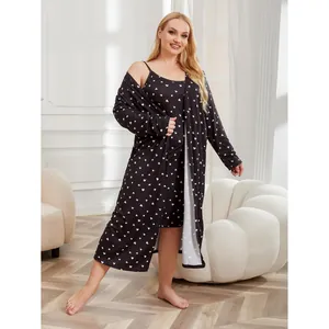 Plus size black satin pajama set with white heart print featuring robe and camisole dress