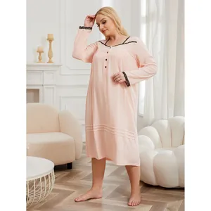 Elegant plus size pink long-sleeve nightgown with black lace trim loungewear for women