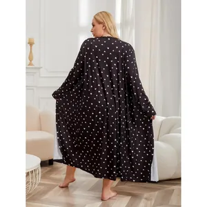Plus size black satin robe set with white heart pattern for women's loungewear.