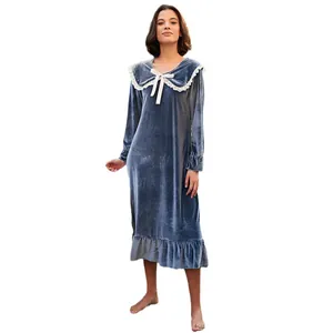 Elegant blue velvet nightdress with lace doll collar for winter warmth and home comfort.
