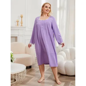 Elegant plus size long sleeve purple nightgown with delicate lace trim for women