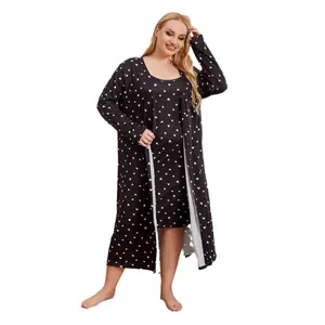 Plus size black satin sleepwear set with white heart print and matching robe