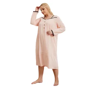 Women's plus size long pink nightgown with lace trim and buttons, soft cotton loungewear