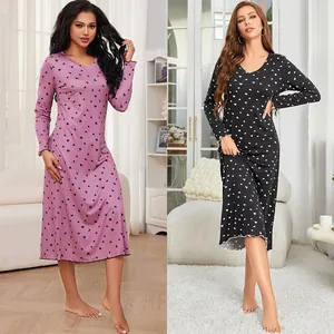 Chemise de Nuit Femme Imprimé Cœur Manches Longues Col en V Bordure Laitue Loungewear Style Européen Polyester Chemise de Nuit Longue