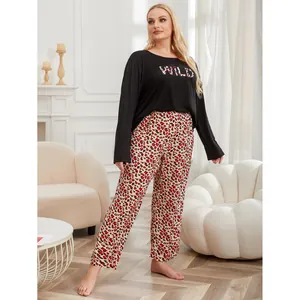 Women Plus Size Pajama Set Long Sleeve Top And Bottom Leopard Print Sleepwear Casual Lounge Set Polyester Viscose Nightwear