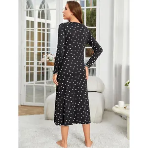 Chemise de nuit longue à manches longues avec imprimé cœur, vêtement d'intérieur noir