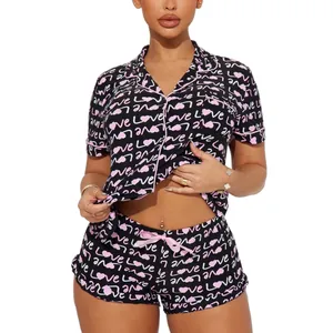 Women's black pajama set with pink heart and 'Love' print, short sleeve summer nightwear