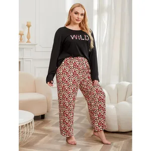 Women's plus size pajama set black long sleeve top with wild leopard print pants