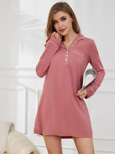 Elegant mauve long-sleeved nightdress with white piping and button detail for women.