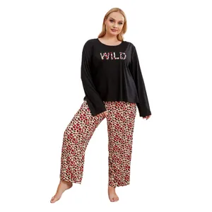 Plus size women's long-sleeved pajama set featuring WILD leopard print top and pants