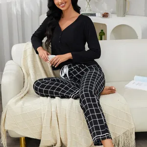 Set Pigiama Casual da Donna Top a Maniche Lunghe Scollo a V e Pantaloni a Quadri Abbigliamento da Notte Due Pezzi Morbido