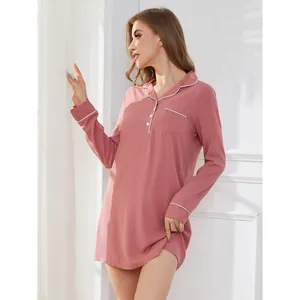 Elegant dusty pink long sleeve nightgown with white contrast piping for women