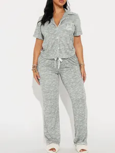 Grey short sleeve pajama set for women featuring elegant bed time embroidery detail
