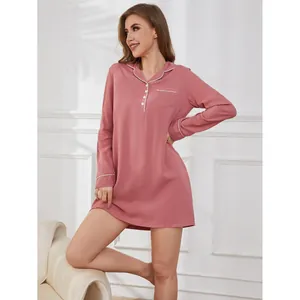 Elegant dusty rose long-sleeved nightgown with white piping detail and button front for women