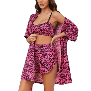 Pink leopard print 3-piece satin loungewear set with camisole shorts and cardigan