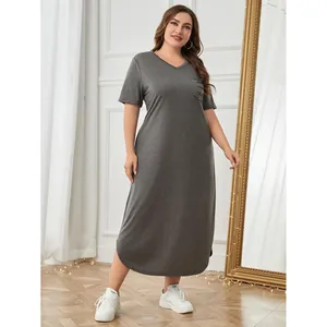 Damen Übergröße Schlafanzug Kurzarm Nachthemd V-Ausschnitt Locker Lässig Sommer Lounge Kleid Nachtkleid Dunkelgrau
