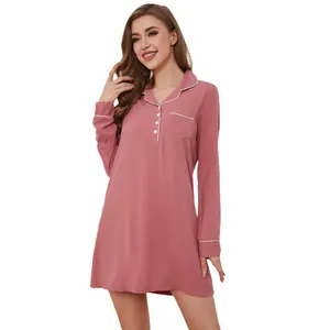Elegant dusty rose long-sleeved nightdress with white piping and button collar detail