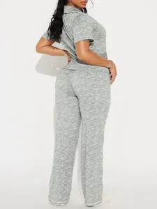 Women's grey heathered short-sleeved pajama set with long pants for loungewear
