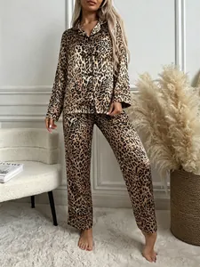 Detail of women's leopard print ice silk pajama set with long sleeves and lapel collar