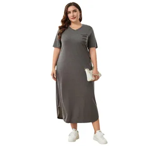 Bequemes graues kurzärmeliges Freizeitkleid in Übergröße mit V-Ausschnitt für den Sommer