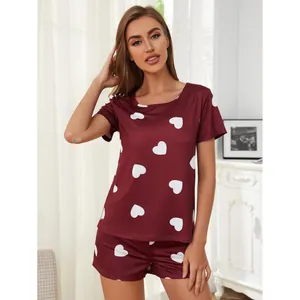 Elegant burgundy heart print pajama set for women, summer short sleeve top and shorts