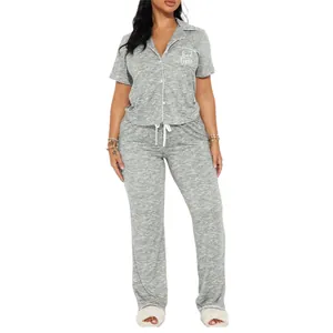 Conjunto de pijama gris jaspeado de 2 piezas para mujer con camisa y pantalón largo