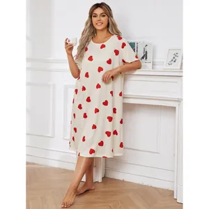 Comfortable plus size cream nightdress featuring a red heart print and short sleeves for summer