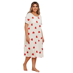Plus size white short sleeve nightgown with vibrant red heart prints on white background