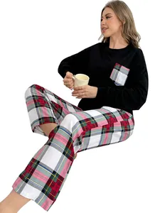Women's autumn winter plaid pajama set with black long sleeve top and long pants