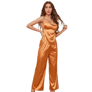 Set pigiama sexy in raso di seta in due pezzi con canotta e pantaloni a gamba larga