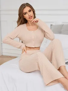 Ribbed knit two-piece loungewear set with button-front long sleeve crop top