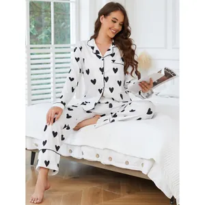 Women Long Sleeve Heart Print Pajama Set Contrast Piping Button Up Top And Bottom Loungewear Two Piece Sleepwear Set