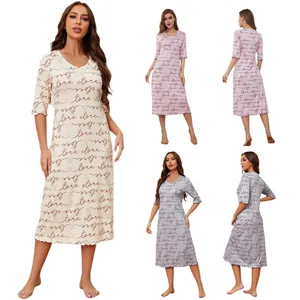Women Casual Short Sleeve Nightgown Letter Heart Print Sleepwear V-Neck Loungewear Summer Nightdress Pink Grey Yellow