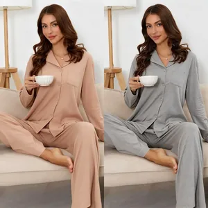 Women Modal Pajamas Long Sleeve Top And Bottom Solid Color Button Down Loungewear Soft Breathable Sleepwear For Autumn Winter