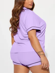 Detailed side view of lavender ribbed short-sleeve pajama set for women.