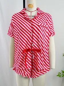 Red and pink diagonal striped short sleeve pajama set for women with waist ribbon bow