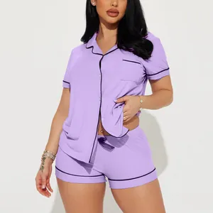 Women's Casual Ribbed Pajama Set Short Sleeve Lapel Button Down Top And Bottom Loungewear Summer Sleepwear With Contrast Piping