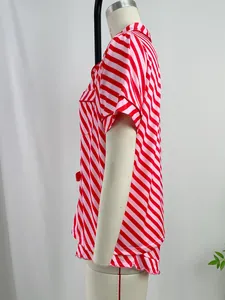 Side view detail showing the fit of women's red and white striped short-sleeved pajama set