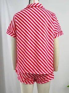 Detailed back view of a women's red and pink diagonal striped summer pajama set