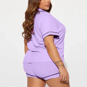 Lilac ribbed pajamas set for women featuring short sleeve top and shorts loungewear