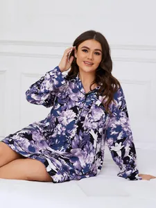 Plus size long sleeve floral nightdress for women, soft and breathable home wear pajamas.