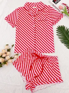 Detailed view of women's red and pink diagonal striped short sleeve pajama set