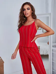Red and white striped pajama set with camisole and pants for women's home sleepwear