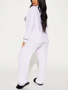 Soft pink and white striped long sleeve two-piece pajama set for women's nightwear