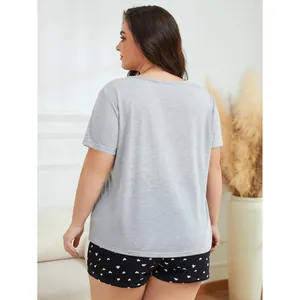 Plus size summer pajama set for women, loose grey t-shirt and heart print shorts