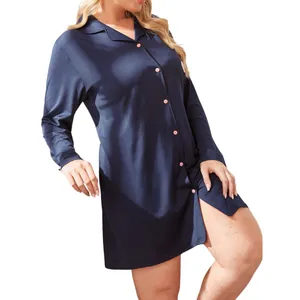 Camicia da notte a maniche lunghe taglie forti da donna in jersey blu navy dal design sobrio