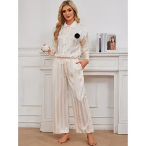Elegant cream striped faux silk pajama set with long sleeves and wide-leg trousers