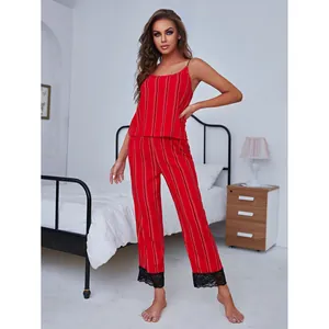 Red striped camisole and pants pajamas set with black lace trim for women's summer loungewear