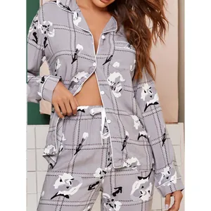 Elegant women's floral plaid pajama set with long sleeve button-down shirt and pants