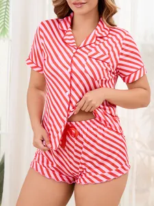 Detail view of women's red and pink striped short sleeve pajama set for summer